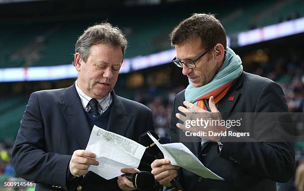 Simon Halliday, chairmain of the European Professional Club Rugby talks to fellow blue, Damian Hopley, CEO of the Rugby Players Association during...