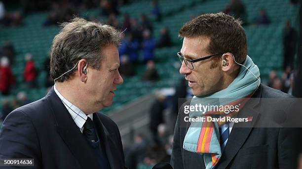 Simon Halliday, chairmain of the European Professional Club Rugby talks to fellow blue, Damian Hopley, CEO of the Rugby Players Association during...