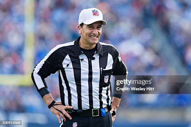 Referee Gene Steratore jokes with the fans during a game between the Jacksonville Jaguars and the Tennessee Titans at Nissan Stadium on December 6,...