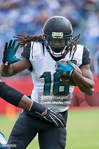 Denard Robinson of the Jacksonville Jaguars runs the ball during a game against the Tennessee Titans at Nissan Stadium on December 6, 2015 in...