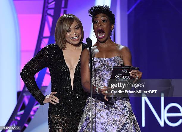 Actresses Tisha Campbell-Martin and Tichina Arnold present an award during the 2015 Soul Train Music Awards at the Orleans Arena on November 6, 2015...