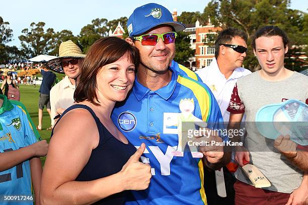 Ricky Ponting of the Legends poses with spectators for photos following the WA Festival of Cricket Legends Match between the Australian Legends XI...