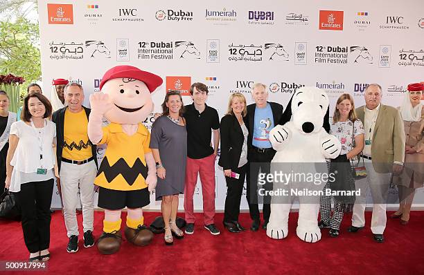 Director Steve Martino, character Charlie Brown, writer and director Craig Schulz, character Snoopy and guests attend "The Peanuts Movie" premiere...