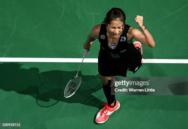 Ratchanok Intanon of Thailand celebrates beating Shixian Wang of China in the Women's Singles match during day three of the BWF Dubai World...