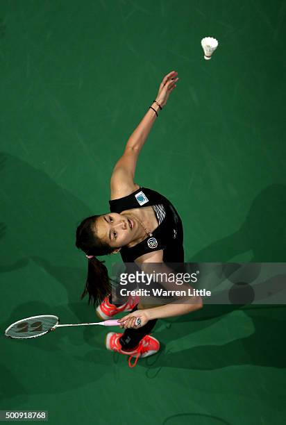Ratchanok Intanon of Thailand in action against Shixian Wang of China in the Women's Singles match during day three of the BWF Dubai World...