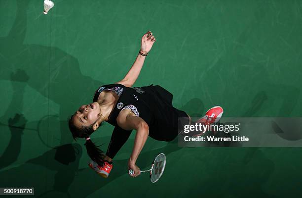 Ratchanok Intanon of Thailand in action against Shixian Wang of China in the Women's Singles match during day three of the BWF Dubai World...