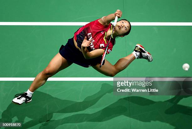 Nozomi Okuhara of Japan in action against Carolina Marin of Spain in the Women's Singles match during day three of the BWF Dubai World Superseries...