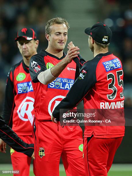 Cameron Stevenson of the Renegades is congratulated by team mates after getting the wicket of Rob Quiney of the Stars during the Big Bash League...