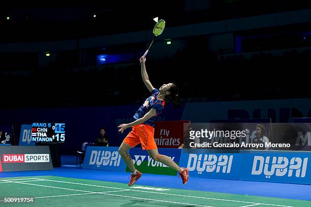 Wang Shixian of China in action in the Women's Singles match against Ratchanok Intanon of Thailand during day three of the BWF Dubai World...