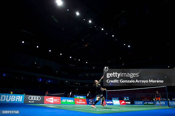 Ratchanok Intanon of Thailand in action in the Women's Singles match against Wang Shixian of China during day three of the BWF Dubai World...