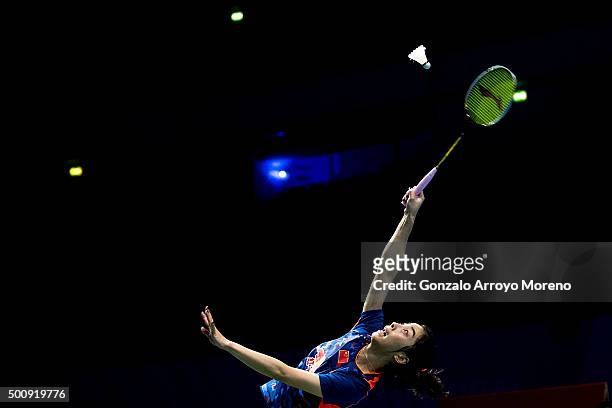 Wang Shixian of China in action in the Women's Singles match against Ratchanok Intanon of Thailand during day three of the BWF Dubai World...