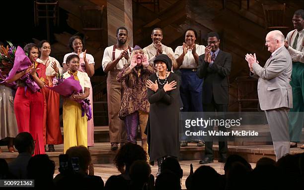 Jennifer Hudson, Cynthia Erivo, Allee Willis, Marsha Norman, Alice Walker, director John Doyle with cast during the Broadway Opening Night...