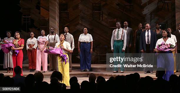 Jennifer Hudson, Cynthia Erivo and Danielle Brooks with cast during the Broadway Opening Night Performance Curtain Call for 'The Color Purple' at the...