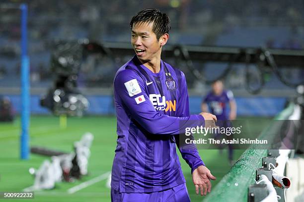 Tsukasa Shiotani of Sanfrecce Hiroshima celebrates scoring his team's second goal during FIFA Club World Cup: Play-off match for the quarter final...