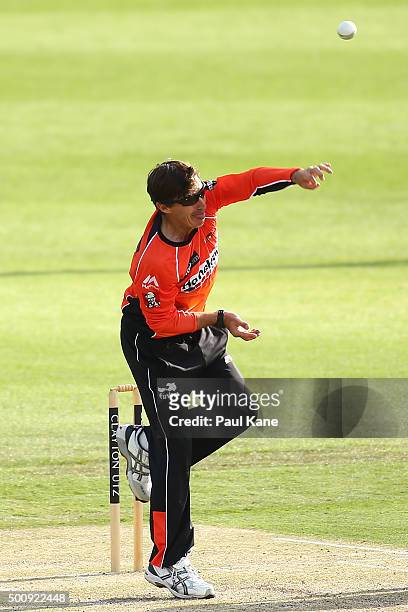 Brad Hogg of the Scorchers bowls during the WA Festival of Cricket Legends Match between the Australian Legends XI and Perth Scorchers at Aquinas...