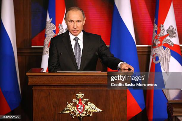 Russian President Vladimir Putin attends an annual meeting with high ranking officers of the Defence Ministry Board on December 11, 2015 in Moscow,...