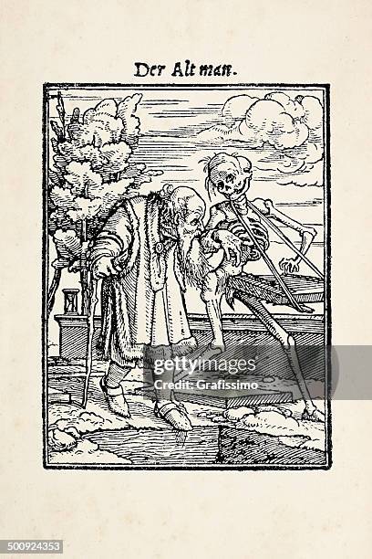 stockillustraties, clipart, cartoons en iconen met old man with skeleton from dance of death after holbein - hans holbein