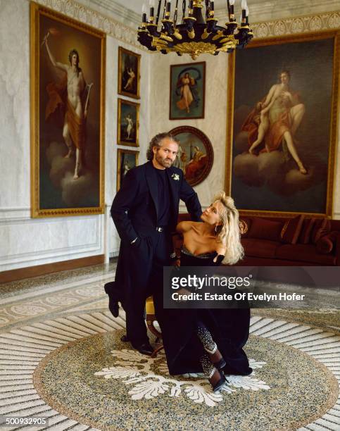 Italian fashion designer Gianni Versace with his sister Donatella Versace, Lake Como, Italy, 1988.