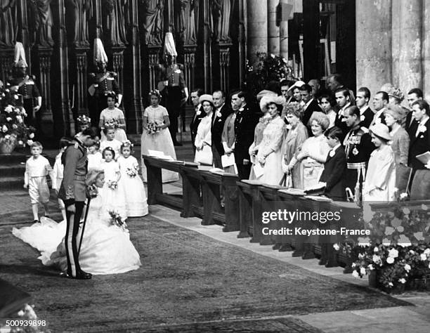 The bride Katherien Worsley curtsies to her majesty the Queen whilst the groom the duke of Kent bows after the service in York Minster, on June 8,...