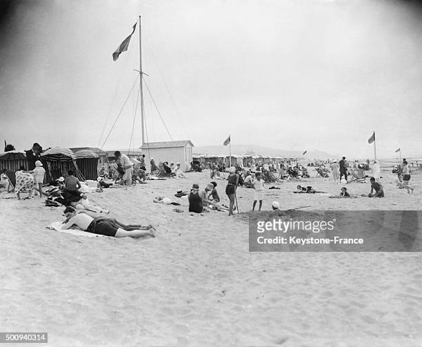 The beach of Deauville in 1927 in Deauville, France.