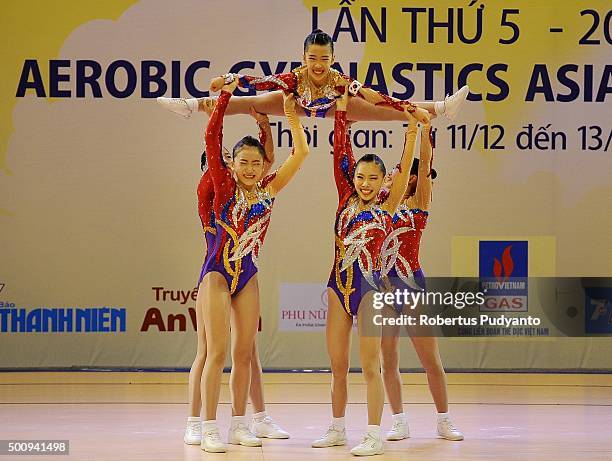 Min Joo Park, Kyu Ri Kim, Geun Na Park, Byeng Eun Go, and Min Ji Kim of Korea compete in Qualification - Age Group 1 Groups during the 5th Asian...