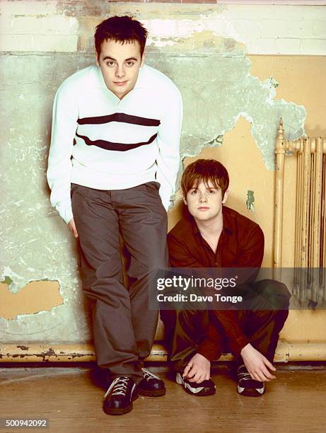 British TV presenters Ant and Dec, Camden, London, April 1997. Left to right: Anthony McPartlin and Declan Donnelly.