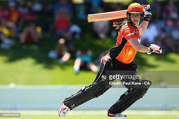 Emma Biss of the Scorchers bats during the Women's Big Bash League match between the Perth Scorchers and the Brisbane Heat at Aquinas College on...