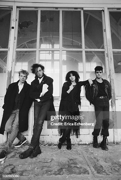 British gothic deathrock band Blood and Roses, group portrait, West London, United Kingdom, 1982. Line up includes: Lisa Kirby, Bob Short, Jez James,...