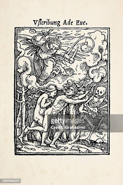 cherubim angel expulsing adam and eve from garden eden - adam biblical figure stock illustrations