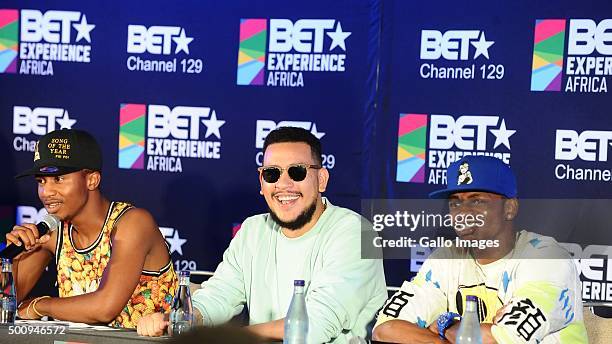 Emtee, AKA and Diamond Platnumz at the BET Experience Africa press conference on December 11, 2015 at the Radisson Blue Hotel in Johannesburg, South...