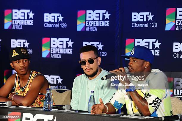 Emtee,AKA and Diamond Platnumz at the BET Experience Africa press conference on December 11, 2015 at the Radisson Blue Hotel in Johannesburg, South...