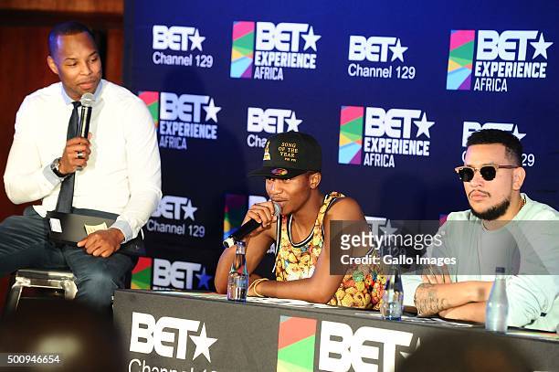 Sizwe Dhlomo,Emtee and AKA at the BET Experience Africa press conference on December 11, 2015 at the Radisson Blue Hotel in Johannesburg, South...