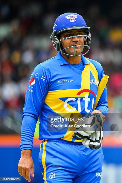 Sachin's Blasters player Virender Sehwag looks on during a match in the Cricket All-Stars Series at Citi Field on November 7, 2015 in the Queens...