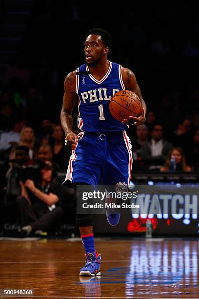 Tony Wroten of the Philadelphia 76ers in action against the Brooklyn Nets at Barclays Center on December 10, 2015 in Brooklyn borough of New York...