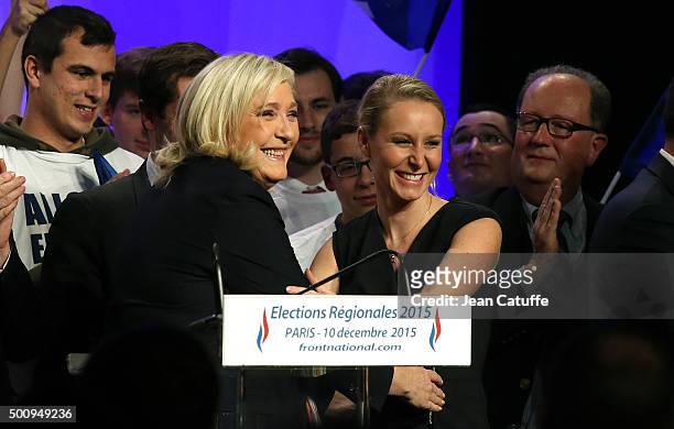 French far-right National Front President and candidate in the Nord-Pas-de-Calais Picardie region Marine Le Pen wishes a happy birthday to her niece,...