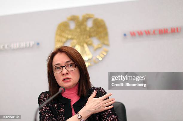 Elvira Nabiullina, governor of Russia's central bank, gestures whilst speaking during a news conference to announce the interest rate decision in...