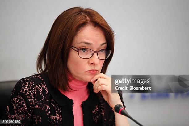 Elvira Nabiullina, governor of Russia's central bank, pauses during a news conference to announce the interest rate decision in Moscow, Russia, on...