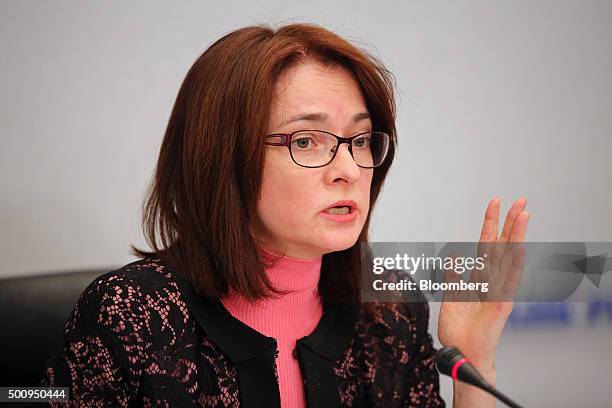 Elvira Nabiullina, governor of Russia's central bank, gestures whilst speaking during a news conference to announce the interest rate decision in...