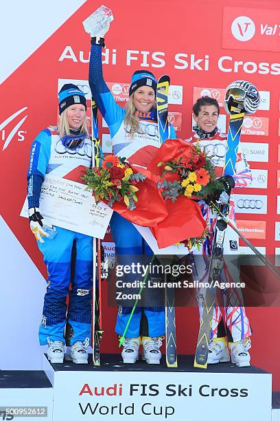 Anna Holmlund of Sweden takes 1st place, Sandra Naeslund of Sweden takes 2nd place, Ophelie David of France takes 3rd place during the FIS Freestyle...