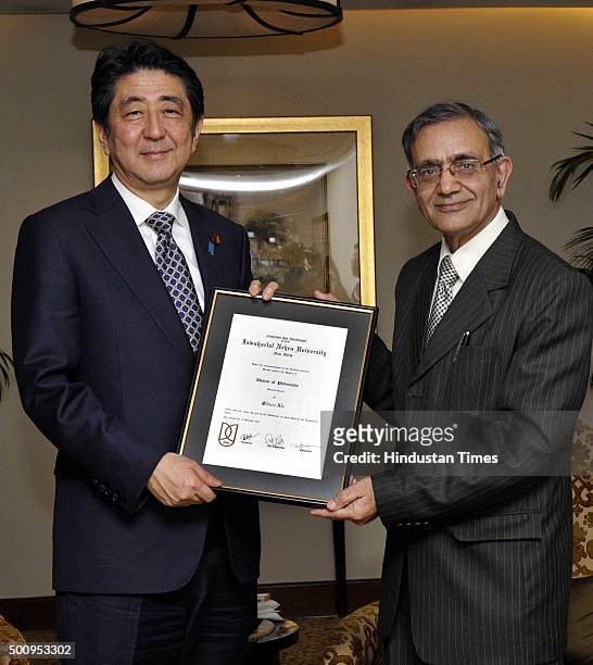 Jawaharlal Nehru University Vice Chancellor Sudhir Kumar Sopory conferred the degree of Doctor of Philosophy to Japanese Prime Minister Shinzo Abe,...