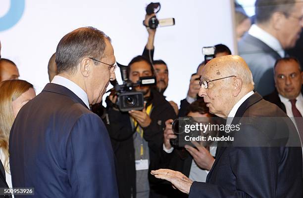 Italian Institute for International Politics Study honorary president Giorgio Napolitano , welcomes Russian Foreign Minister Sergej Lavrov during the...