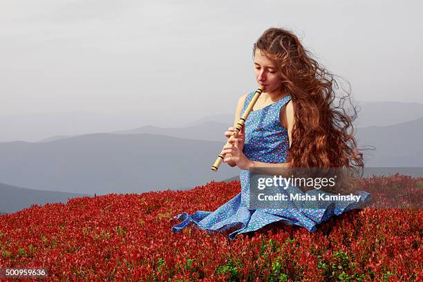 joven mujer tocando la flauta en las montañas - guaira fotografías e imágenes de stock