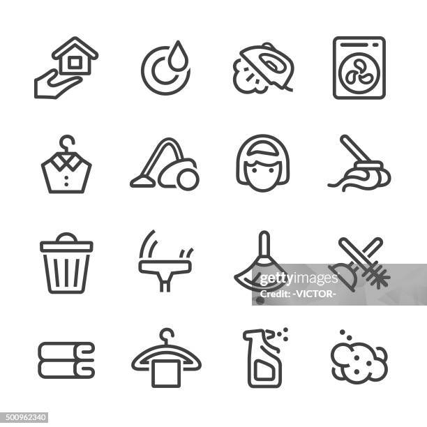 ilustraciones, imágenes clip art, dibujos animados e iconos de stock de limpieza de iconos de línea serie - dustpan and brush