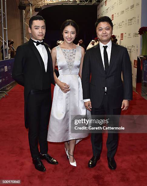 Actors Ziyi Wang, Yueting Lang and director Larry Yang attend the "Mountain Cry" premiere during day three of the 12th annual Dubai International...