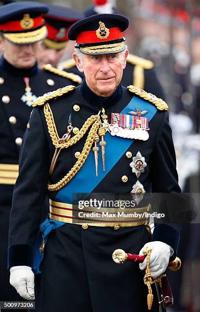 Prince Charles, Prince of Wales inspects the Officer Cadets as he represents Queen Elizabeth II during the Sovereign's Parade at the Royal Military...