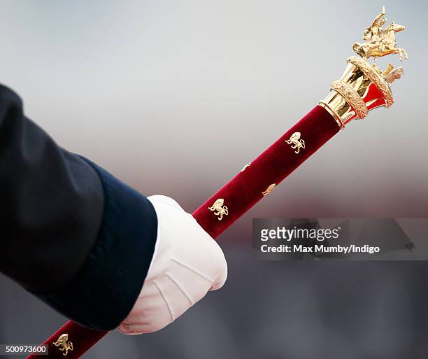 Prince Charles, Prince of Wales hold his Field Marshal Baton as he represents Queen Elizabeth II during the Sovereign's Parade at the Royal Military...