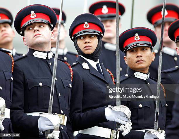 Officer Cadet Fatma Hassan Seleh Mubarak Bin Hamdan from the U.A.E wears a headscarf under her peaked cap as she takes part in the Sovereign's Parade...