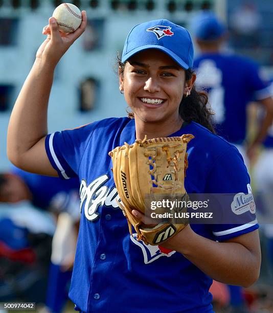 Picture of Rosa María del Castillo, the first woman pitcher playing in a local professional league for the Tamanche Bluejays, taken on December 6,...