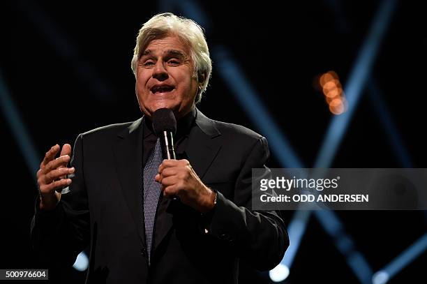 Comedian and television host Jay Leno speaks on stage during the 2015 Nobel Peace Prize Concert at the Telenor Arena in Oslo, Norway, on December 11,...