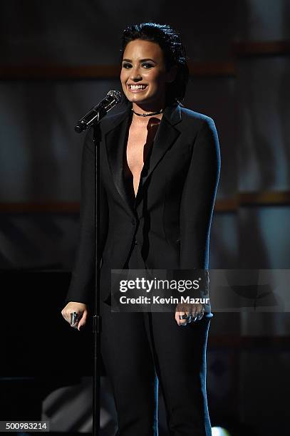 Demi Lovato speaks onstage during Billboard Women In Music 2015 on Lifetime at Cipriani 42nd Street on December 11, 2015 in New York City.